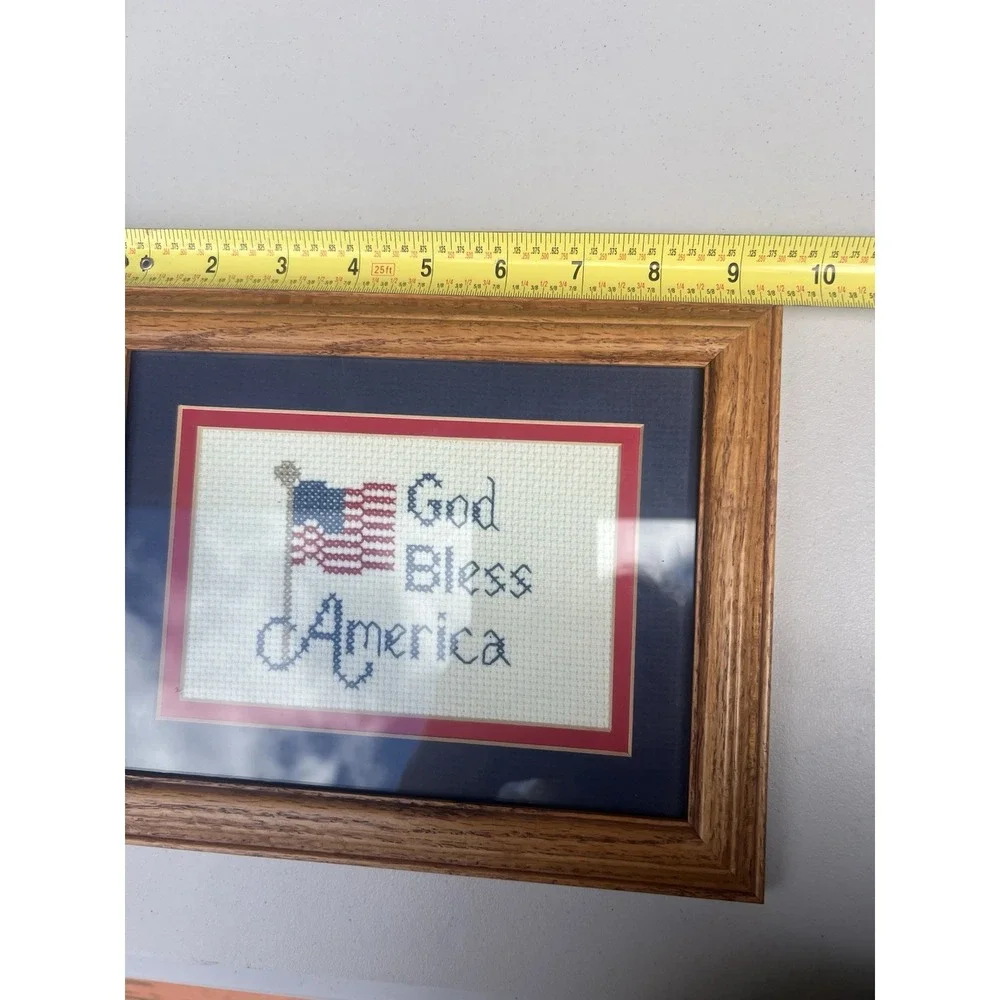 Handmade God Bless America Cross Stitch Framed Patriotic Flag Wall Art 9.5x7.5